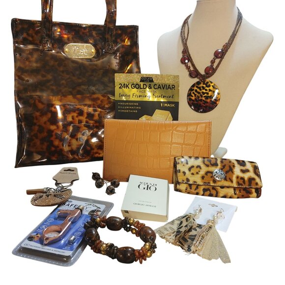 Bob Mackie Tortoise Shell Vinyl Tote Bundle Brighton Leather - Picture 1 of 13